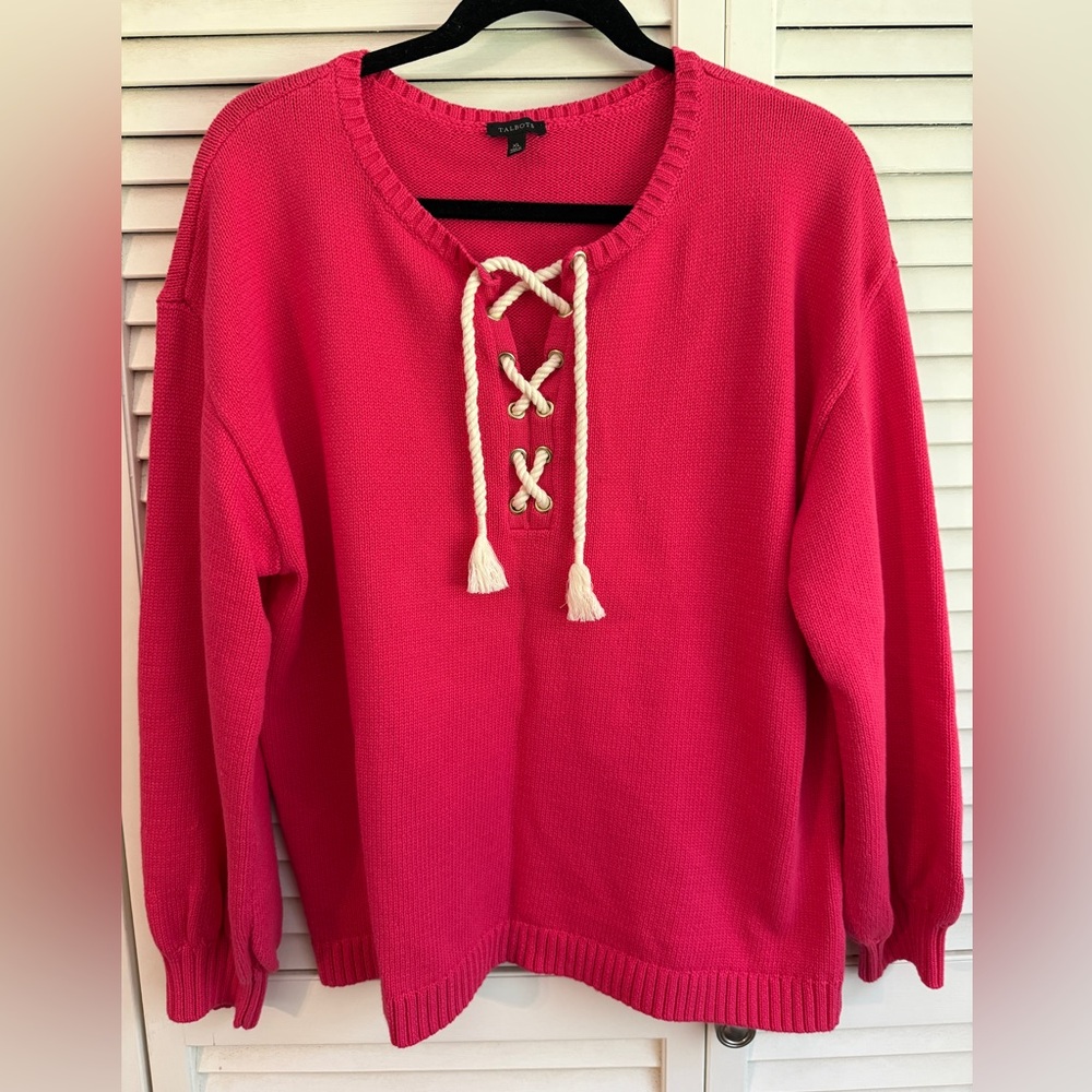 Talbots Pink Crew Neck Sweater with Lace-Up Detail